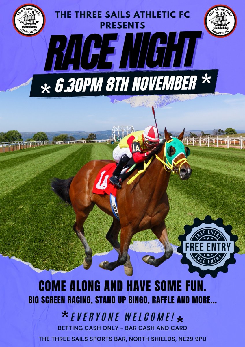 the3sails's tweet image. 🐴Come and join us as we host an amazing Race Night on behalf of our Sunday Football Team.. The Three Sails Athletic!

Lots of fun to be had.. good music, great horse racing and plenty of chances to win!

Everyone welcome, free entry! 

#YourNewLocal #CommunityEvents #RaceNight