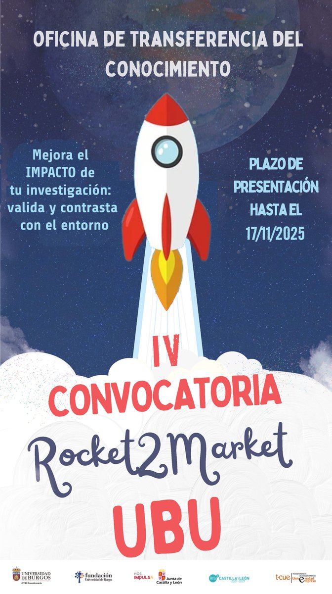 UBUinvestiga's tweet image. #Convocatoria_UBU | IV Edición Rocket2Market - 2025-2026
 🚀 ¿Tienes una investigación con potencial de mercado?
Participa en #Rocket2Market, la convocatoria de la UBU que te conecta con empresas y expertos para validar tu tecnología.
 👉 Conoce más: ubu.es/te-interesa/iv…
#TCUE