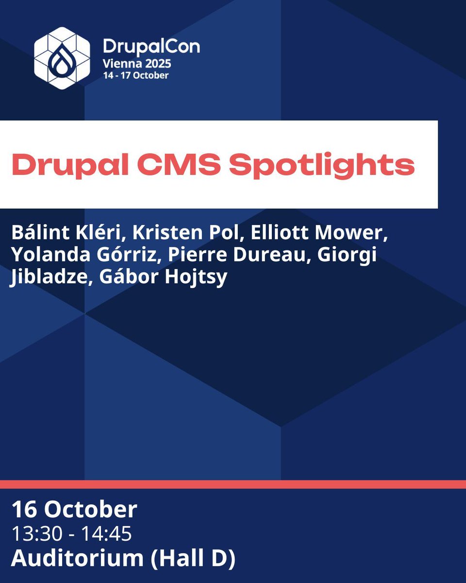 DrupalConEur's tweet image. 🎤 Get ready for the last keynote of #DrupalConVienna!
🗓️ Thursday, 16 October 2025
🕜 13:30–14:45 CEST
📍 Auditorium
✨ Drupal CMS Spotlights
Meet key Drupal CMS leaders and gain insights into how the platform is evolving — and what’s next. 
#DrupalConVienna #DrupalCMS