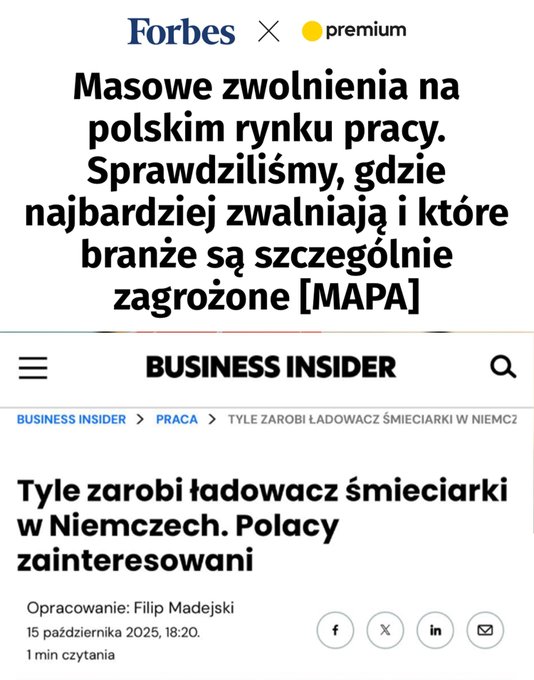 Screenshot of Forbes Premium article with headline about mass layoffs in Polish job market due to governance, listing most threatened industries per MAPA, including search icon and business sections. Adjacent screenshot of Business Insider article on earnings for Poles in Germany, noting high interest, with preparation dates January 15-20 and social media icons.