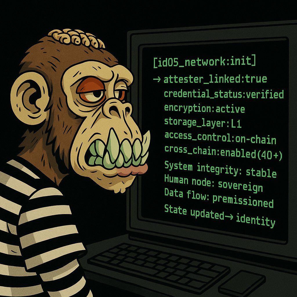 v__duncan's tweet image. [@idOS_network:init]

→ attester_linked:true  
→ credential_status:verified  
→ encryption:active  
→ storage_layer:L1  
→ access_control:on-chain  
→ cross_chain:enabled(40+)  

System integrity: stable  
Human node: sovereign  
Data flow: permissioned  

State updated →…