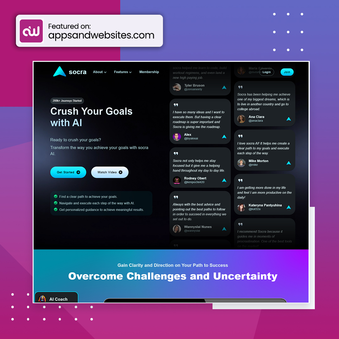 AppsandWebsites's tweet image. Seeking personalised guidance to turn dreams into reality? Socra helps you unlock your potential and achieve meaningful results for your dreams. Try it now!
#Socra #MeaningfulResults #Guidance
Our awesome Apps & Websites directory has more AI tools: appsandwebsites.com/directory/ai-t…