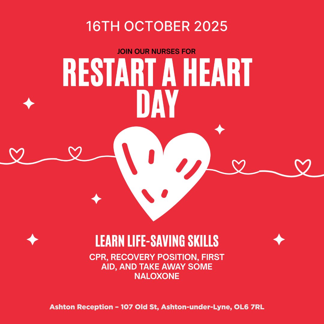 Restart a Heart Day – Thursday 16th October 

Join our Nurse Team in Ashton Reception for Restart a Heart Day!
We’ll be around all day helping you learn life-saving skills — everyone’s welcome! 🚑✨

Come along, get involved, and learn something that could help save a life ❤️