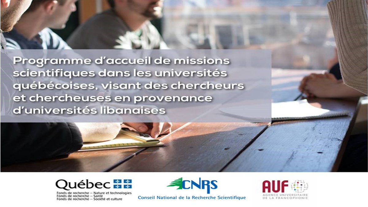CNRS Lebanon (@cnrsl) on Twitter photo 🤝COLLABORATION EN RECHERCHE SCIENTIFIQUE 🇨🇦 QUÉBEC-🇱🇧LIBAN (MISSIONS SCIENTIFIQUES)
🔴<a href="/CNRSL/">CNRS Lebanon</a> , <a href="/FRQSC/">FRQ - secteur Société et culture</a> <a href="/FRQS1/">FRQ - secteur Santé</a> <a href="/FRQ_NT/">FRQ - secteur Nature et technologies</a> , et l’ <a href="/AUF_MoyenO/">AUF - Moyen-Orient</a> poursuivent leur collaboration et annoncent l'appel 2026
⏳ Date limite: 15 janvier 2026
🔗cnrs.edu.lb/site/CallofInt… 🤝COLLABORATION EN RECHERCHE SCIENTIFIQUE 🇨🇦 QUÉBEC-🇱🇧LIBAN (MISSIONS SCIENTIFIQUES)
🔴<a href="/CNRSL/">CNRS Lebanon</a> , <a href="/FRQSC/">FRQ - secteur Société et culture</a> <a href="/FRQS1/">FRQ - secteur Santé</a> <a href="/FRQ_NT/">FRQ - secteur Nature et technologies</a> , et l’ <a href="/AUF_MoyenO/">AUF - Moyen-Orient</a> poursuivent leur collaboration et annoncent l'appel 2026
⏳ Date limite: 15 janvier 2026
🔗cnrs.edu.lb/site/CallofInt…