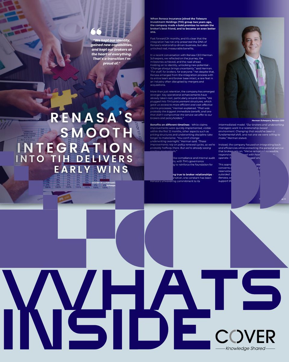 “We kept our identity, gained new capabilities, and kept our brokers at the heart of everything. That’s a transition I’m proud of.” - Herman Scheepers, CEO Renasa

🤖 Read the full article here: buff.ly/MIvsLJN