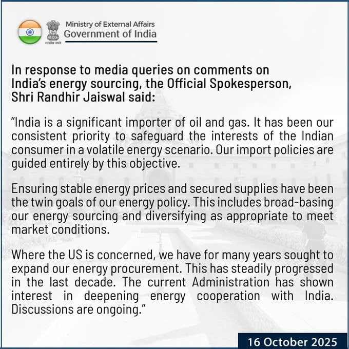 ICryptoCrown's tweet photo. 🇮🇳 BREAKING: India’s MEA responds to Trump’s claim about India stopping Russian oil purchases, clarifying the country’s actual stance.
#India #Russia #OilPolicy https://t.co/W5UJ6wZfQ7