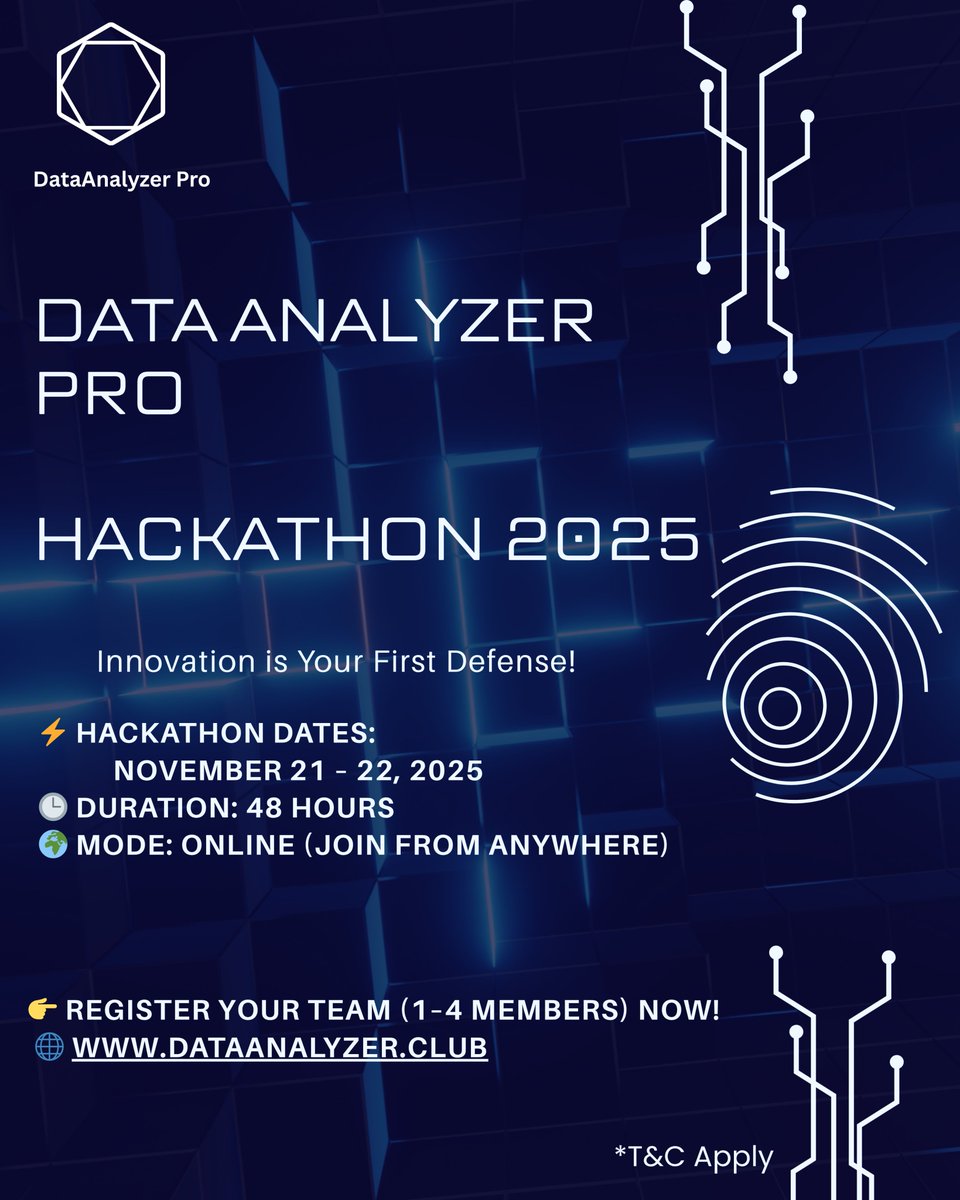 DataanalyzerPro's tweet image. 🚀 Data Analyzer Pro Hackathon 2025: Nov 21–22, 48 hrs online, teams 1–4, $500+ prizes, hire opportunities—
register now: dataanalyzer.club 
#DataAnalyzerPro #Hackathon2025 #AI #DataScience #VirtualHackathon