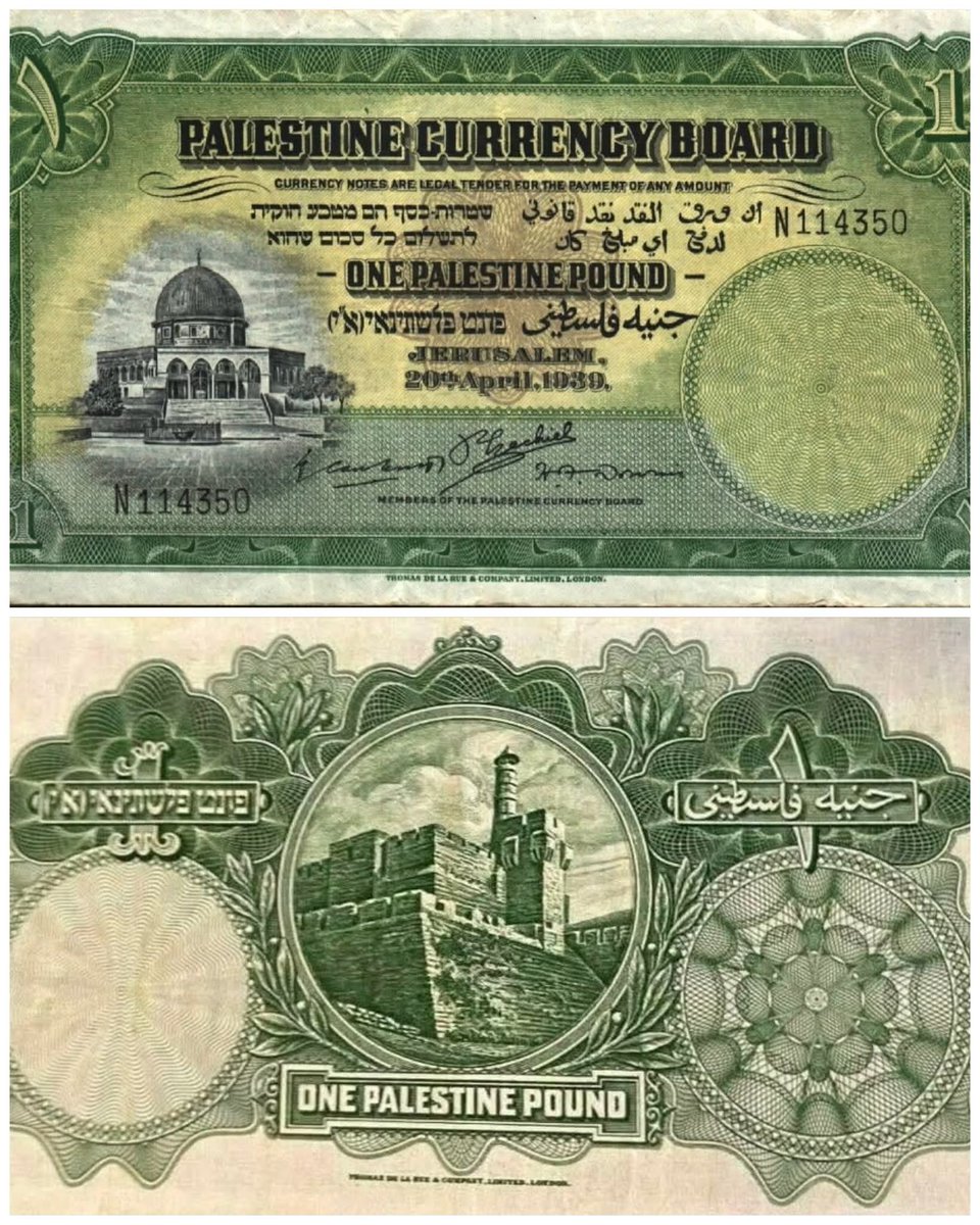 histories_arch's tweet photo. A one-pound banknote issued by the Palestine Currency Board, dated April 20, 1939. This currency was in use during the British Mandate for Palestine. 

The Palestine pound was introduced in 1927 to replace the Egyptian pound and British sterling as the official currency. It was equivalent in value to the British pound sterling. 

The currency was also used in Transjordan until 1949 and in the West Bank until 1950. The banknote features text in English, Arabic, and Hebrew. 

© Numismatica

#archaeohistories
