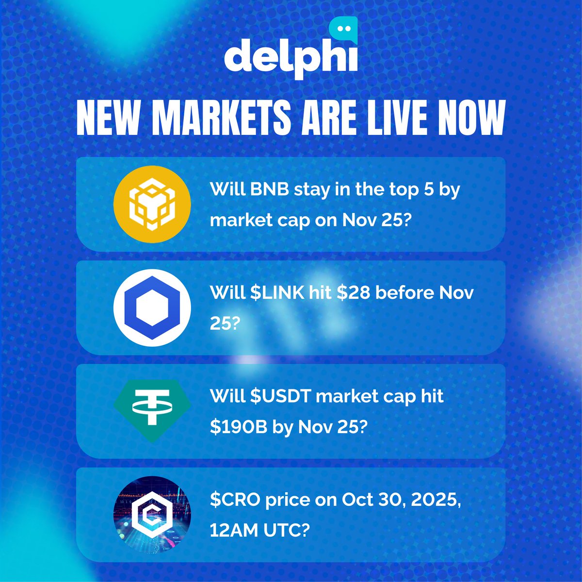 delphitrade's tweet image. New markets are LIVE NOW 🔥
1️⃣ Will BNB stay in the top 5 by market cap on Nov 25?
2️⃣ Will $LINK hit $28 before Nov 25?
3️⃣ Will $USDT market cap hit $190B by Nov 25?
4️⃣ $CRO price on Oct 30, 2025, 12AM UTC?
Did anyone notice that we've already got a neg-risk market? 👀
Head to…