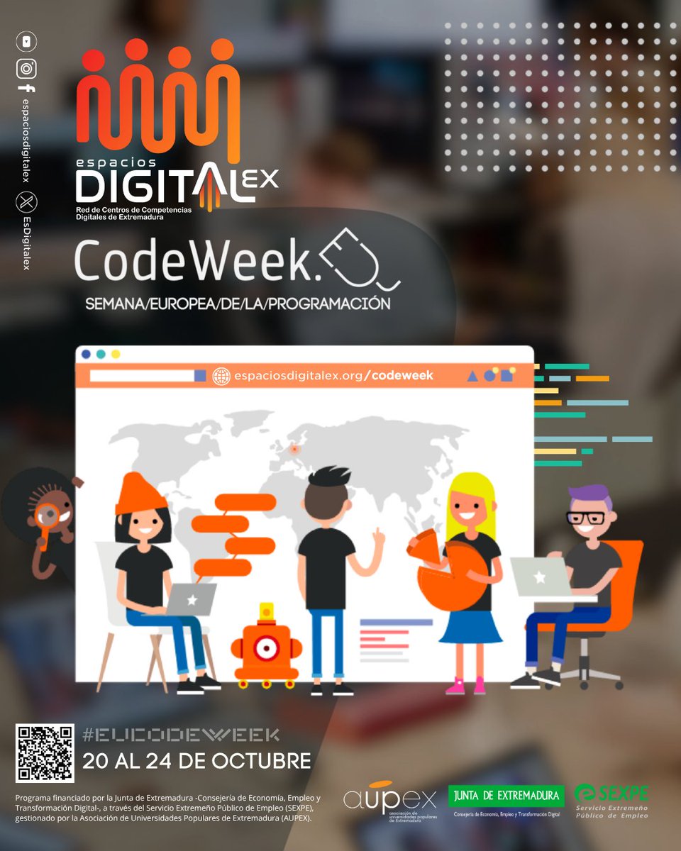 EsDigitalex's tweet image. 💥 Del 20 al 24 de octubre celebramos la #CodeWeek en Espacios Digitalex🤖🦾
💡 Si tienes más de 16 años, no te pierdas nuestros talleres: aprende a #programar, crea tu propio videojuego o diseña un joystick con materiales de tu entorno 🕹️
📰 Más info: bit.ly/4nQ2PCr