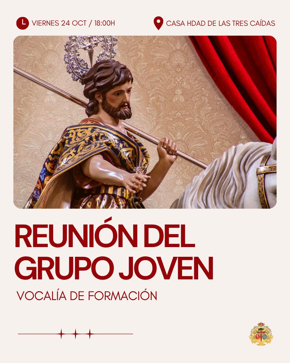 𝐅𝐎𝐑𝐌𝐀𝐂𝐈𝐎́𝐍 | 𝐆𝐑𝐔𝐏𝐎 𝐉𝐎𝐕𝐄𝐍. 

La Vocalía de Formación convoca la primera reunión del Grupo Joven de la Hermandad para el inicio de este nuevo curso cofrade.

Se invita a participar a todos los hermanos y hermanas a partir de los 13 años que deseen formar parte.