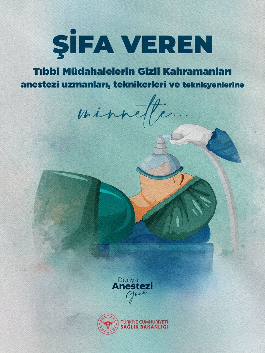 saglikbakanligi's tweet image. Şifa veren tıbbi müdahalelerin gizli kahramanları anestezi uzmanları, teknikerleri ve teknisyenlerine minnetle…
#DünyaAnesteziGünü