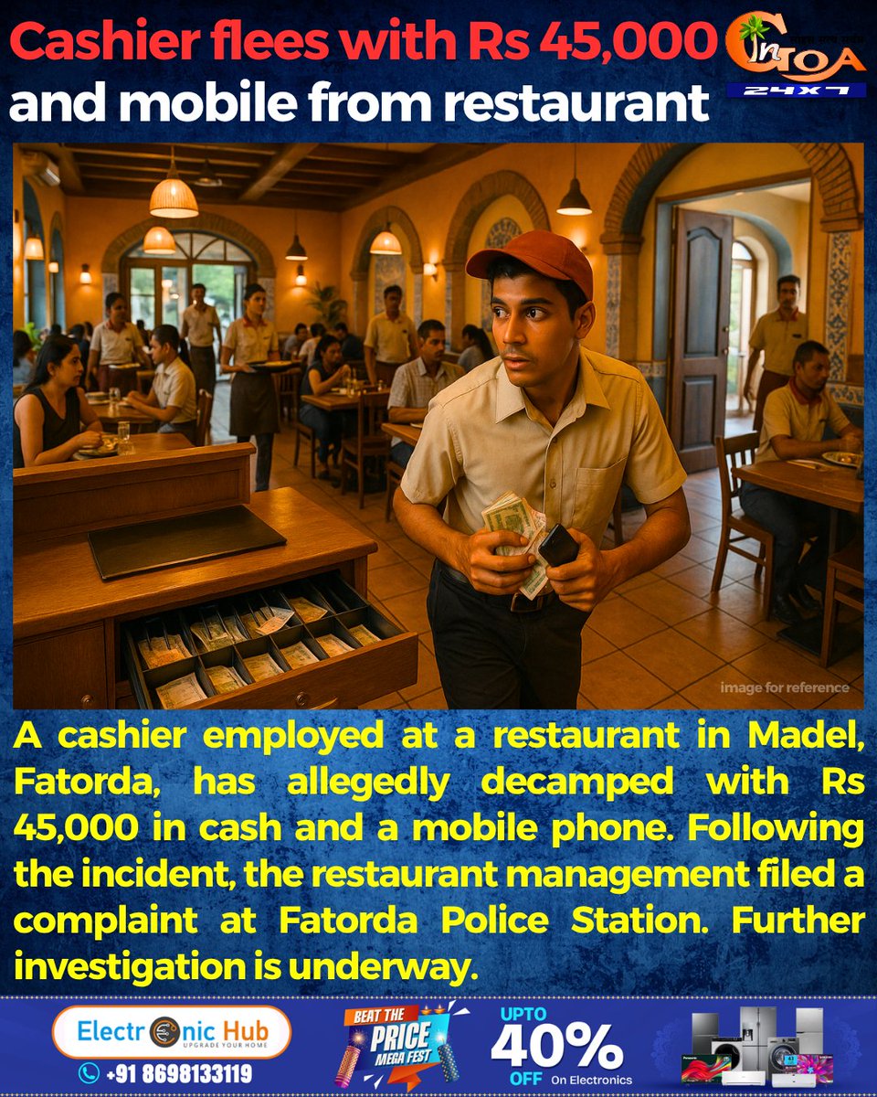 InGoa24x7's tweet image. A cashier employed at a restaurant in Madel, Fatorda, has allegedly decamped with Rs 45,000 in cash and a mobile phone. Following the incident, the restaurant management filed a complaint at Fatorda Police Station. Further investigation is underway.

#Casher #Flees #Money
