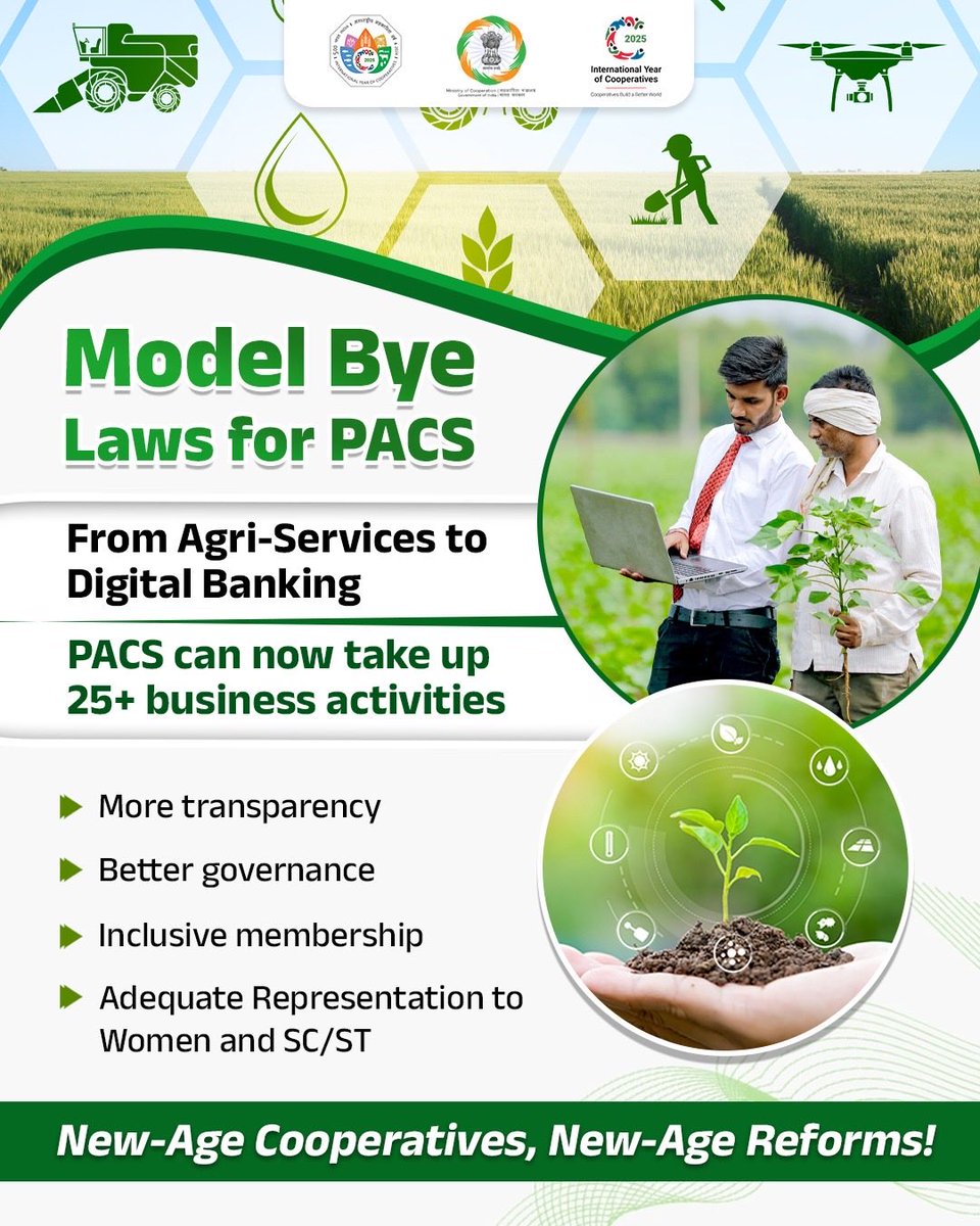 MinOfCooperatn's tweet image. India’s cooperative movement is transforming.
🌾 With Model Bye-Laws for PACS, we have transformed PACS into multipurpose, multidimensional & modern institutions — empowering them to take up 25+ business activities that drive transparency, inclusivity, and rural prosperity…