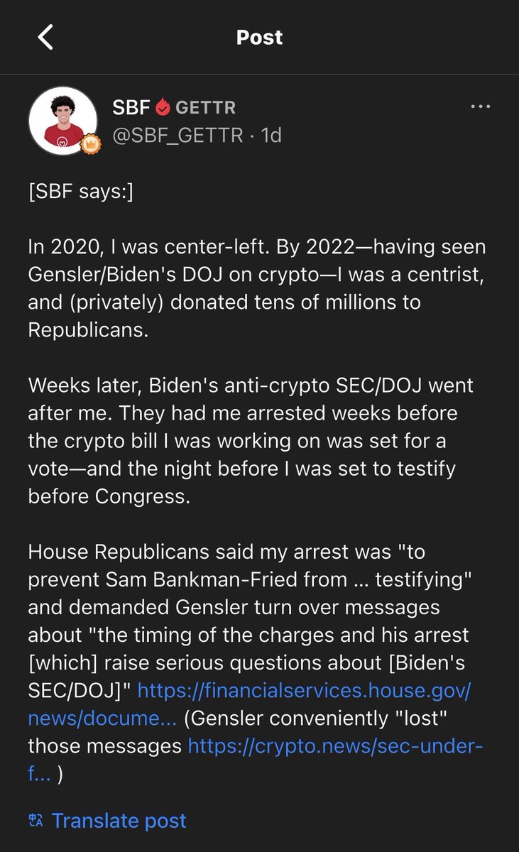 （💡SBF只说了表面，其实背后的真正原因是共产党要灭FTX，为Binance扫清障碍。）

[SBF 说：]2020 年，我是中左翼。到 2022 年——在看到 Gensler/Biden 的 DOJ 关于加密货币的问题后——我是一个中间派，并（私下）向共和党人捐赠了数千万美元。几周后，拜登的反加密货币 SEC/DOJ