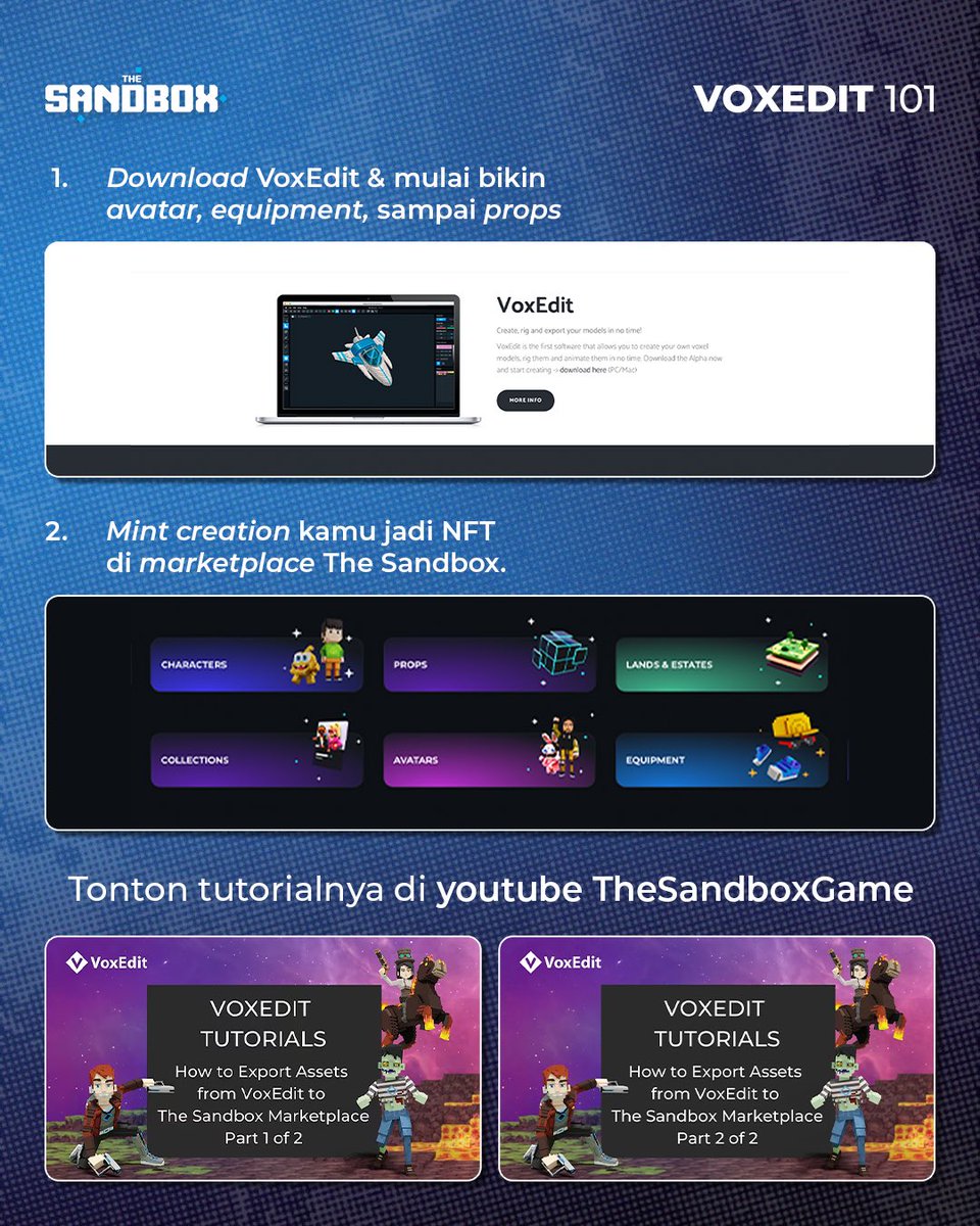 TheSandboxIDN's tweet image. Yuk, jadi Voxel Creator sekarang &amp;amp;  mulai explore semua fiturnya! Gak cuma ide kreatif kamu terwujud, tapi bisa jadi cuan NFT di marketplace The Sandbox 🤑

Download VoxEdit di sini shorturl.at/Vxnyj

#sandfam #TheSandboxIndonesia #w3gg
