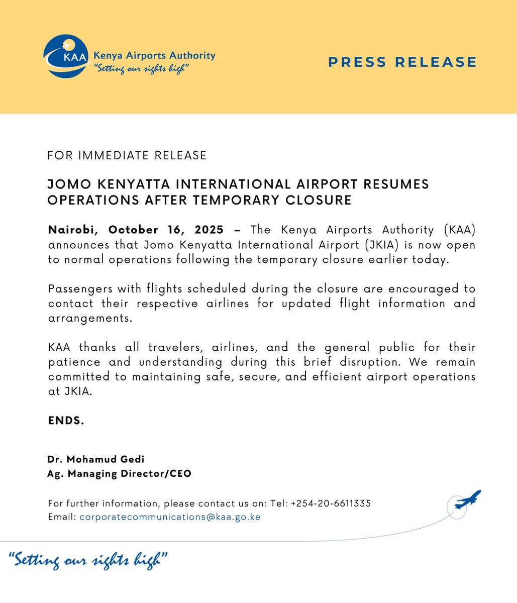 🚨 PRESS RELEASE: Jomo Kenyatta International Airport Resumes Operations After Temporary Closure
