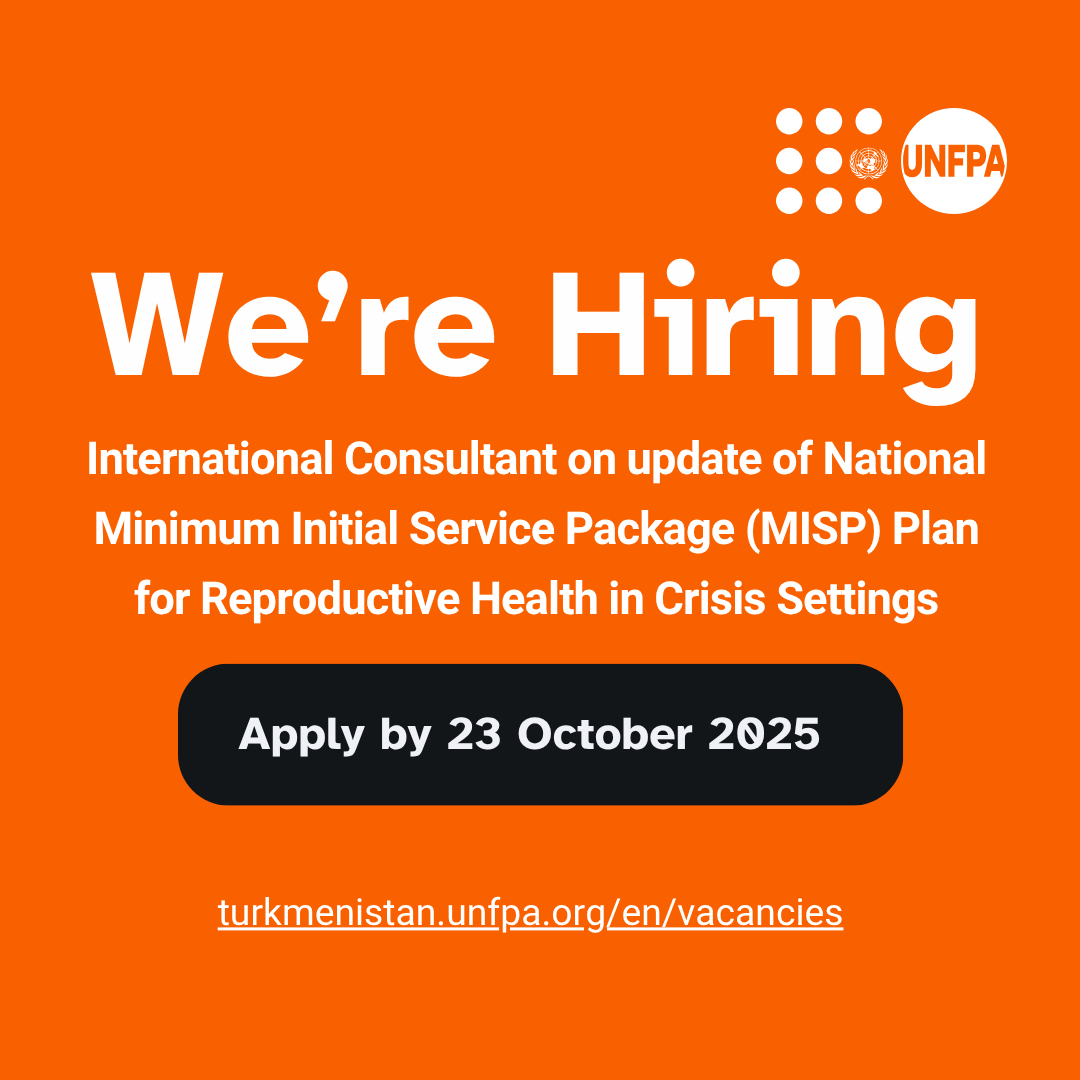 The UNFPA Turkmenistan office advertises the #vacancy of an International Consultant on update of National Minimum Initial Service Package (MISP) Plan for Reproductive Health in Crisis Settings. Apply here:
turkmenistan.unfpa.org/en/vacancies/i…