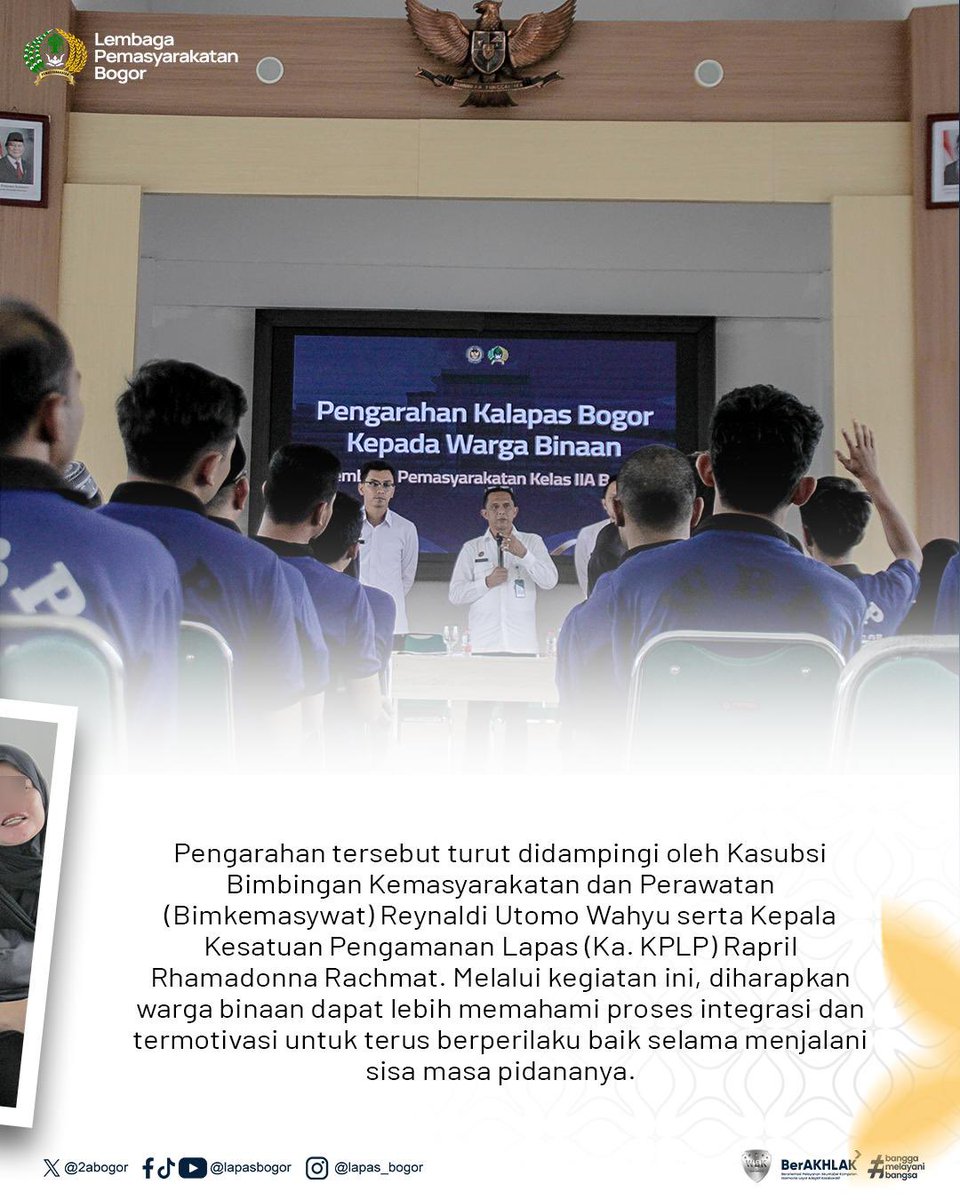 2aBogor's tweet photo. Reynaldi Utomo Wahyu dan Ka. KPLP Rapril Rhamadonna Rachmat kasih pengarahan langsung biar semua paham soal program integrasi dari pemerintah — mulai dari remisi, asimilasi, sampai pembebasan bersyarat. Yang paling penting, semua layanan ini GRATIS tanpa pungutan apa pun! https://t.co/ZujwUgcni4
