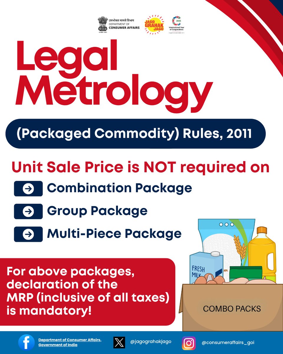 jagograhakjago's tweet image. As per Legal Metrology (Packaged Commodity) Rules, 2011, Unit Sale Price is not mandatory to be declared on &quot;combination package&quot;, &quot;group package&quot;, &quot;multi-piece package&quot;.  However, declaration of MRP is mandatory. #JagoGrahakJago #LegalMetrology #PackagedCommodity #ComboPack…