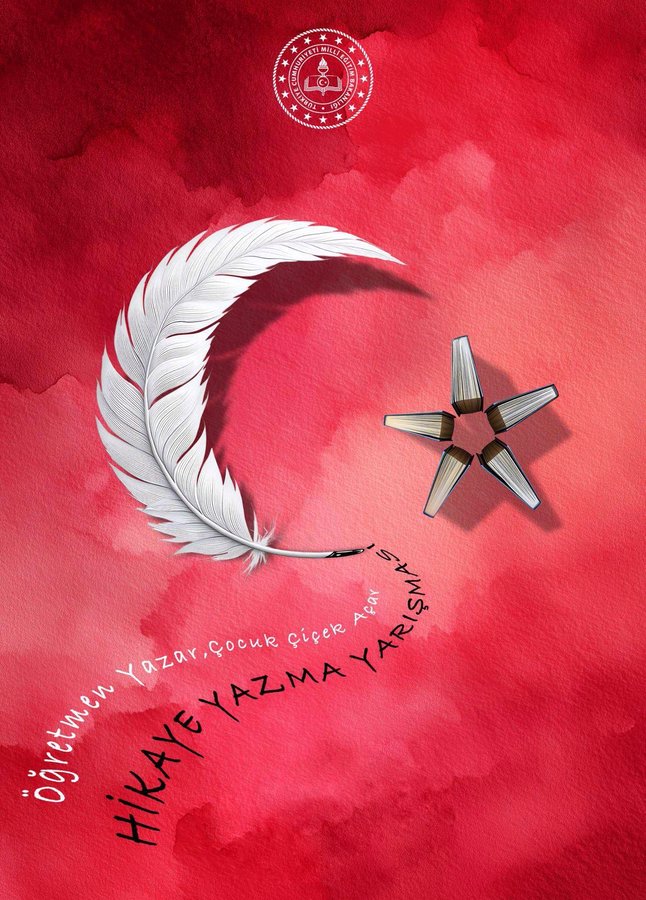 Artistic illustration on red background featuring white feather extending from open brown book with pages forming star shape central emblem of Turkish Ministry of National Education at top including Turkish flag colors and circular seal. Curved white crescent moon positioned above book. Swirling white text in Turkish reading Öğretmen Yazar Çocuk Çiçek Açar integrated into design.