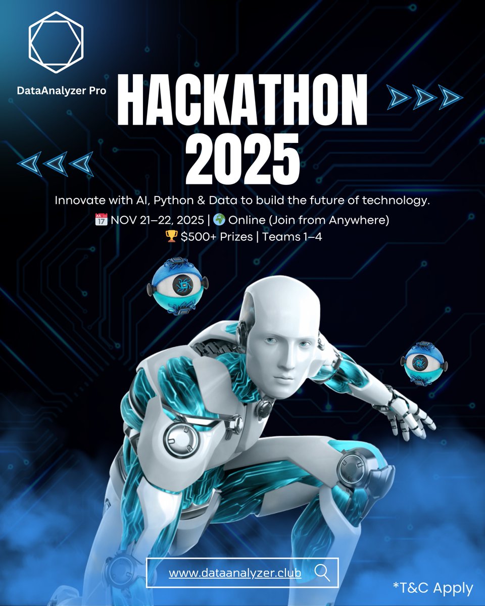 DataanalyzerPro's tweet image. Build with AI, Python & data at our 48-hour online hackathon (Nov 21–22, 2025); win $500+ and get noticed for internships/full-time—join: dataanalyzer.club 
#Hackathon #TechCareers #Python #Analytics #TechCommunity