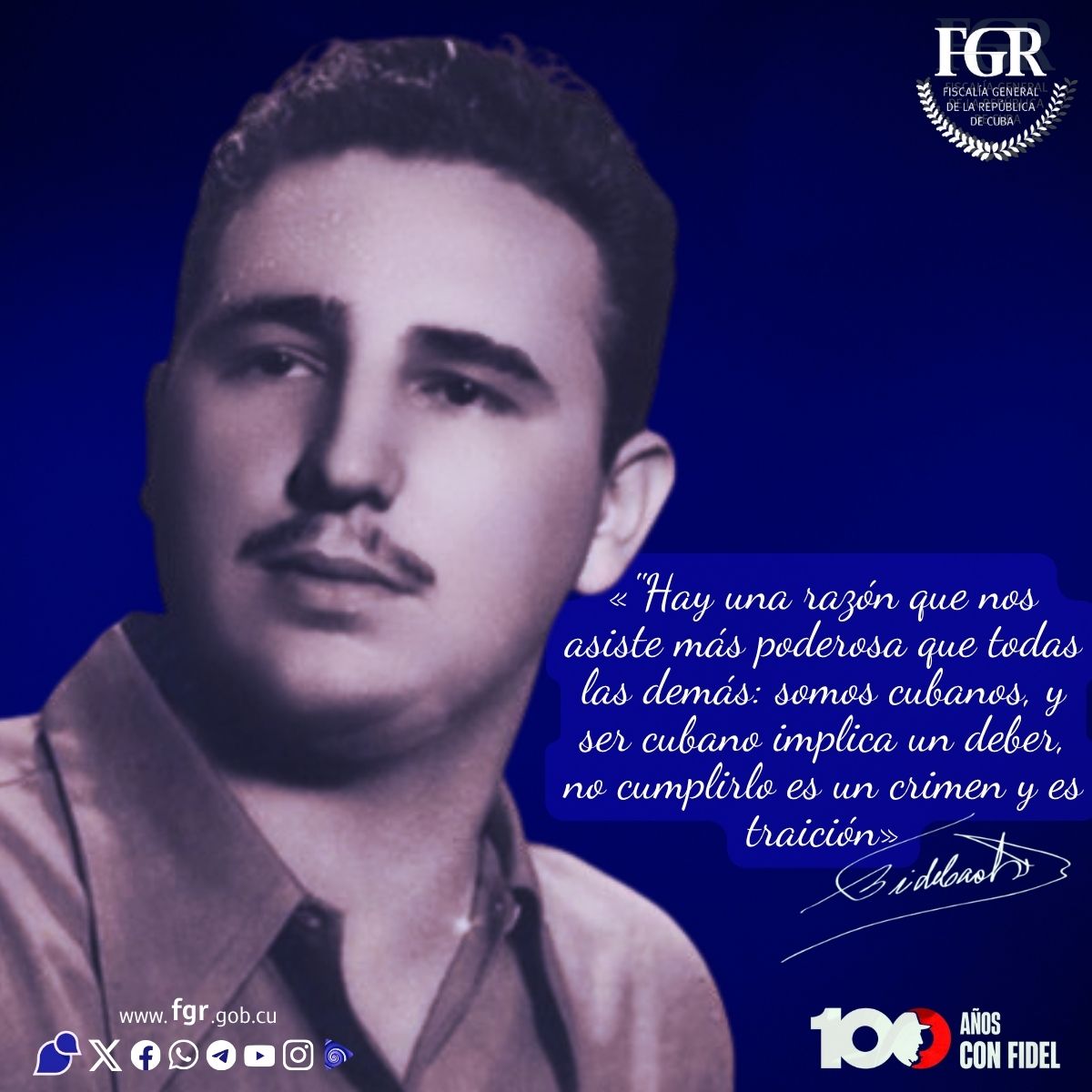 Hoy se cumplen 72 años de La Historia me Absolverá, el histórico alegato de autodefensa de #FidelPorSiempre.

Guiado por un enorme sentido de la justicia, Fidel acudió más de una vez a su maestro José Martí, cuyas doctrinas compartía con sus hermanos de sueños y riesgos. 

#Cuba