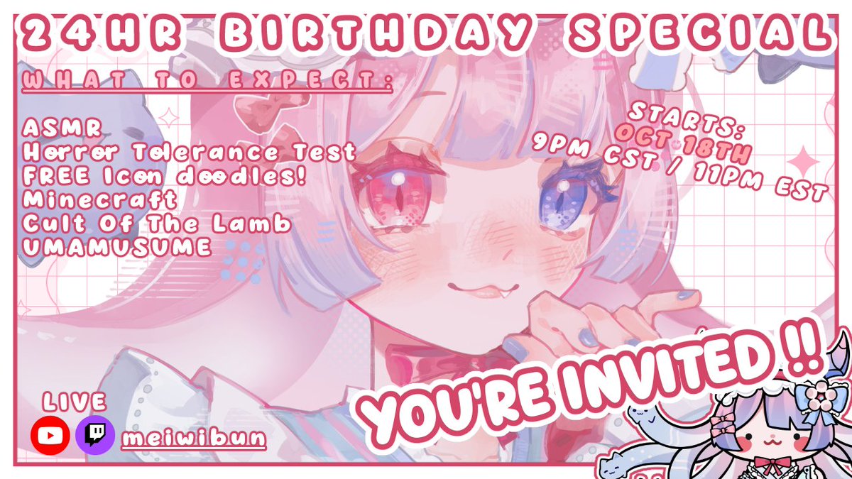 Meiwibun's tweet image. WOAH FIRST BIRTHDAY CELEBRATION? AND YOU'RE INVITED! 💌💕 

📅OCT 18TH ⏰9PM CST

Going to be doing a lot of yapping, gaming and spending time with my community! 

Join my discord for monthly raffles &amp;amp; updates! (cool WIWI tag)

🎨 @/am_maple27 &amp;amp; @/kya_kokatsu