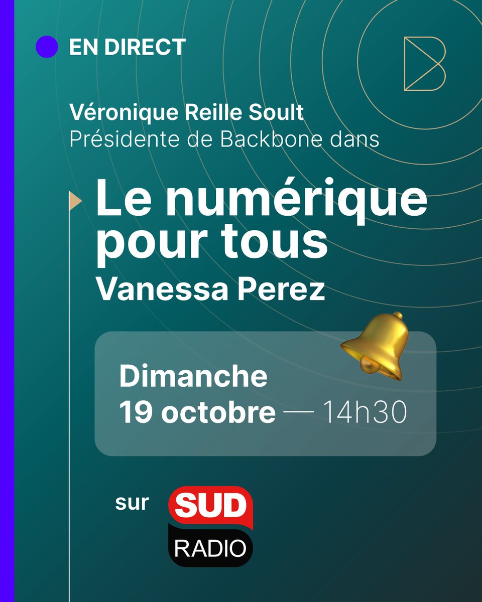 Rendez-vous dimanche à 14h30 sur <a href="/SudRadio/">Sud Radio</a> , <a href="/reillesoult/">Véronique Reille Soult</a> (Présidente de <a href="/FrBackbone/">Backbone</a>) sera au micro de Vanessa Perez accompagnée de Fabrice Epelboin (<a href="/epelboin/">Fabrice Epelboin</a>)  et Cyril DARMON, dans l’émission Le numérique pour tous !