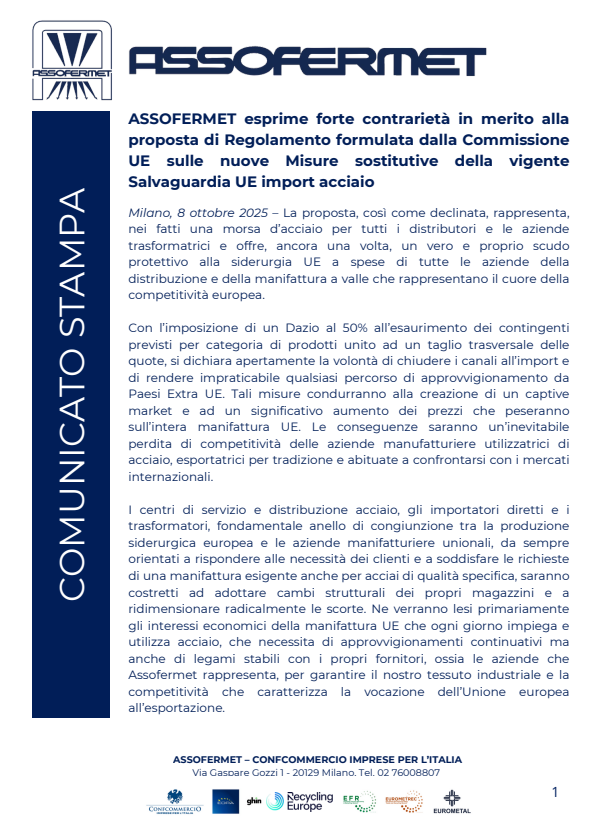 assofermet's tweet photo. Comunicato stampa Assofermet - 8 ottobre 2025.

#Assofermet #CommissioneUE #SalvaguardiaUE https://t.co/xdJFdQs1WQ