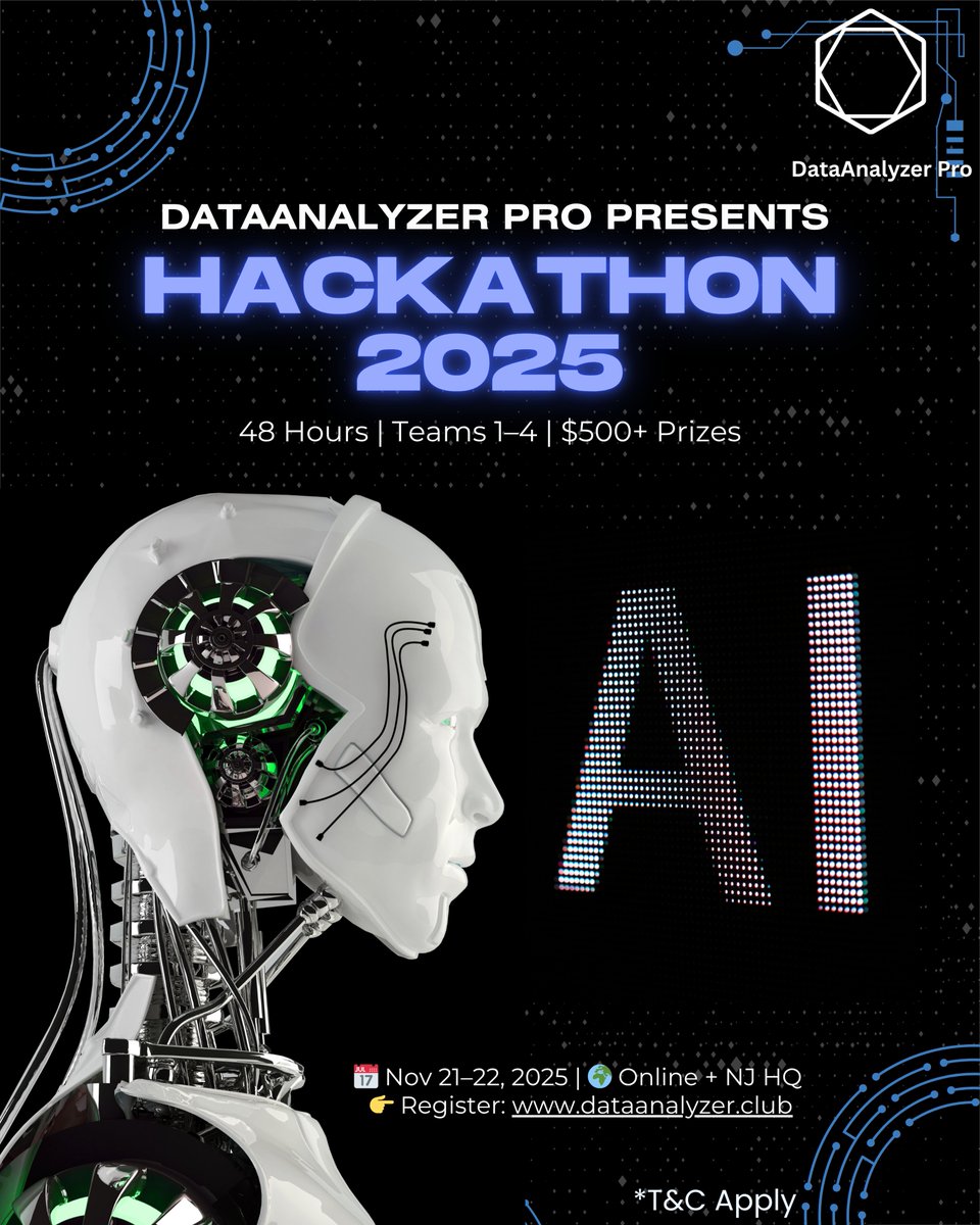 DataanalyzerPro's tweet image. Create, collaborate, and compete from anywhere
  —Data Analyzer Pro Hackathon, 
Nov 21–22, teams 1–4, $500+ prizes
—sign up: dataanalyzer.club 
#AIHackathon #Developers #MachineLearning #BigData #VirtualEvent