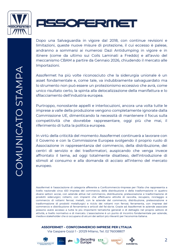 assofermet's tweet photo. Comunicato stampa Assofermet - 8 ottobre 2025.

#Assofermet #CommissioneUE #SalvaguardiaUE https://t.co/xdJFdQs1WQ