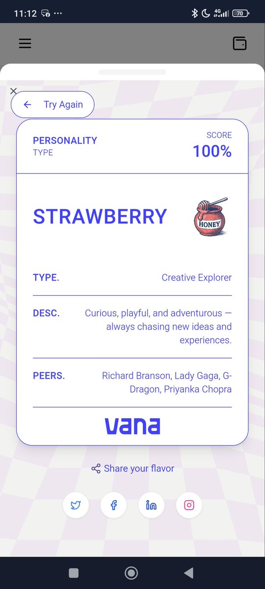 If I was an Ice Cream Flavour, I'd be Strawberry, Curious, playful and adventurous always chasing new ideas and experiences..

<a href="/vana/">vana</a> do check it out 
Taste your data: app.vana.com #datarevolution