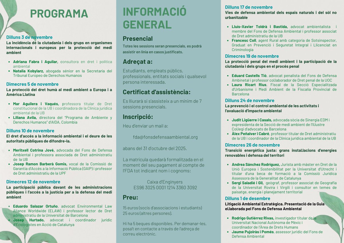 🌱Vols aprendre a defensar el medi ambient des del dret? Tornen les Jornades Formatives per a la Defensa Jurídica del Medi Ambient!

🔝Amb experts de primer nivell en dret, sostenibilitat i participació ciutadana.

📩 fda@fonsdefensaambiental.org! 

bsky.app/profile/fonsde…