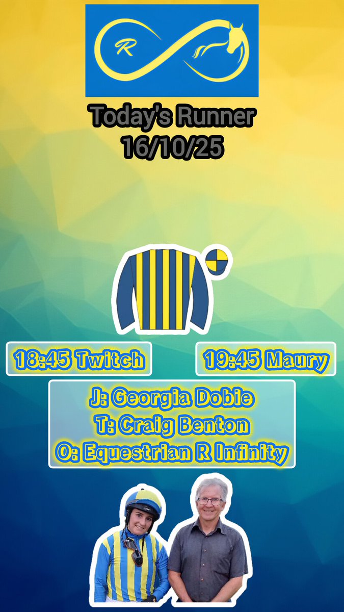 I will be at <a href="/ChelmsfordCRC/">Chelmsford City Racecourse</a> with my good friends Craig Benton and <a href="/EqR_Infinity/">Equestrian R Infinity and The Limes Syndicates</a> tonight.

The team have two runners - Twitch &amp; Maury.

<a href="/GeorgiaDobie1/">Georgia Dobie</a> takes the rides.

#HorseRacing #ChelmsfordCityRacecourse #Equestrian #Trainer #Jockey