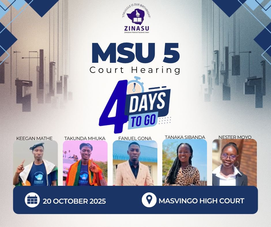 Zinasu_Masv's tweet image. On 20 Oct, the court hearing unfolds here in Masvingo. As ZINASU Masvingo, we stand in full solidarity with the MSU 5. We demand an immediate end to this cruel academic exile, orchestrated by ZANU-PF clueless individuals under MSU's  command.  #AcademicFreedom #NowOrNever