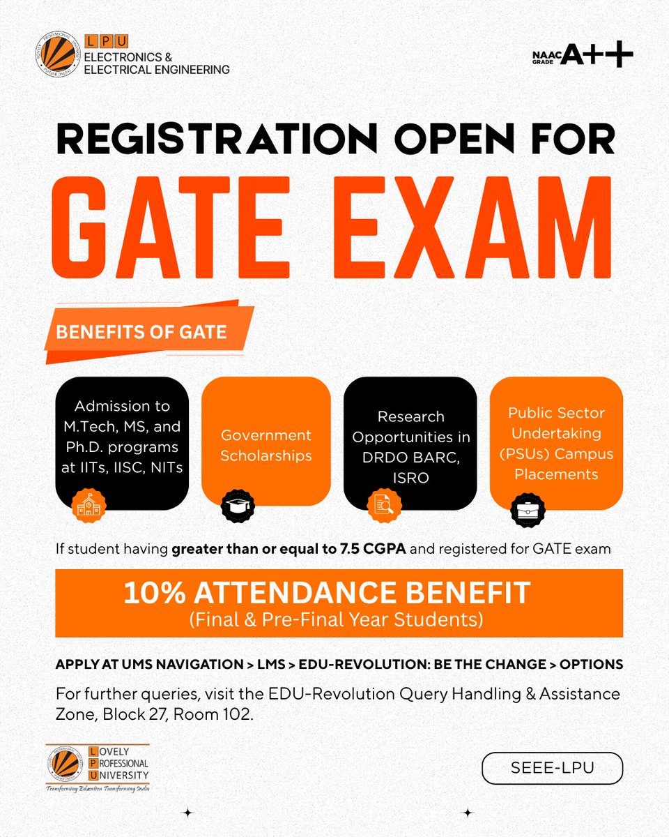 LPU_EEE's tweet image. Registration is now open for the GATE Exam! Unlock your path to IITs, NITs, ISRO &amp;amp; PSUs while enjoying a 10% attendance benefit. 🎯

Gear up to revolutionize your future with #LPU! @lpuuniversity   
#GATE2025 #EngineeringDreams #FutureReady #SEEELPU #InnovationAtLPU…