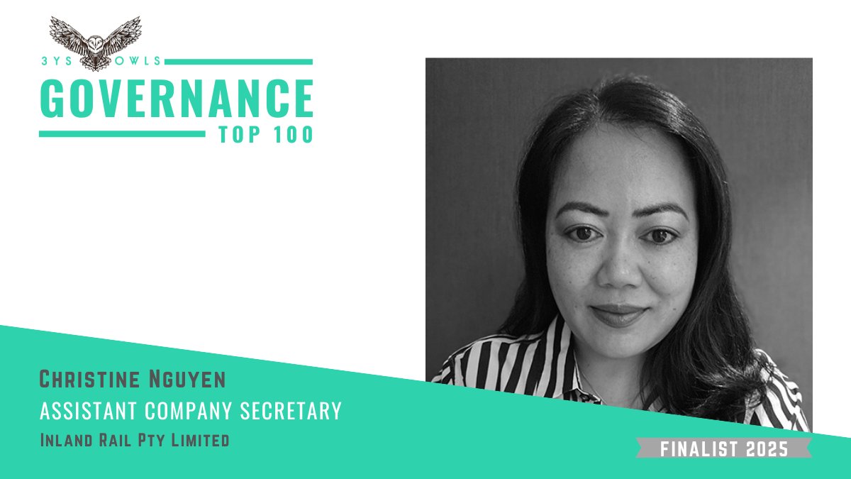 GovTop100's tweet photo. Meet 2025 #GovernanceTop100 Finalist Christine Nguyen from @Inland_Rail. Proudly brought to you by @3ysowls partnering with @cts_av @Computershare @MCRlaw &amp; @Nasdaq . Winner announced via webinar Friday 24 Oct 25 register below: #3ysowls https://t.co/Mk3bRttQuT