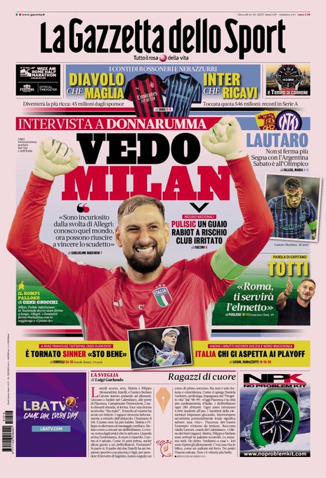 Newspaper front page titled La Gazzetta dello Sport with pink background and date Thursday 16 October 2025. Main headline INTERVISTA A DONNARUMMA VEDO MILAN in large red and black letters above image of Gianluigi Donnarumma in red AC Milan goalkeeper jersey raising arms. Subheadline below him discusses Allegri turnaround and Scudetto potential. Left side shows Lautaro Martinez in blue and black Inter Milan jersey smiling. Bottom sections cover national teams nightmare with Pulisic and Rabiot issues Totti quote on Roma and Sinner tennis victory over Tsitsipas facing Djokovic. Right side features Italian tennis playoffs and other sports news with images of players and logos.