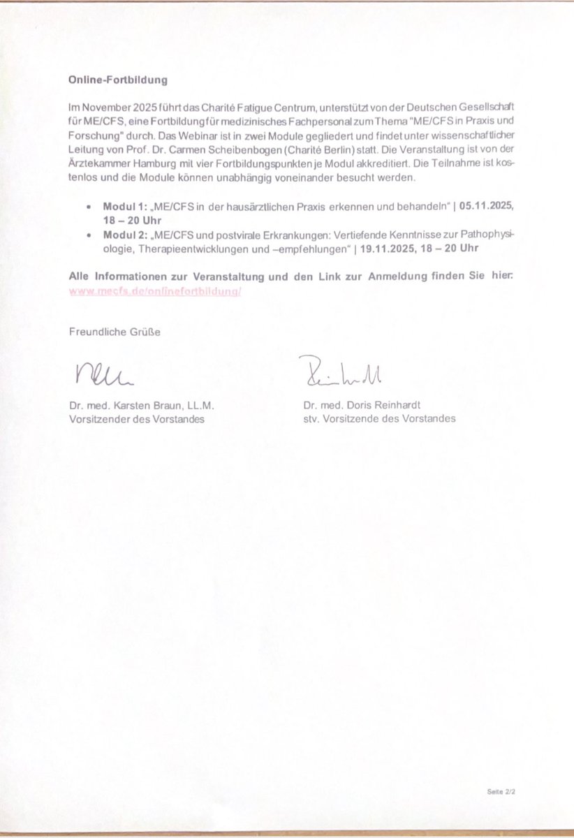 Ein guter Morgen ☀️
Im Postfach von uns Niedergelassenen liegt heute eine „Schnellinfo“ der <a href="/kvbw_info/">KVBW</a>-
mit Verweis auf den ME/CFS-Praxiskompass der DG und die Fortbildung von DG / #Charité!
🔗 praxisleitfaden.mecfs.de
🔗mecfs.de/onlinefortbild…
#MECFS #PEM #PEMistnichtverhandelbar