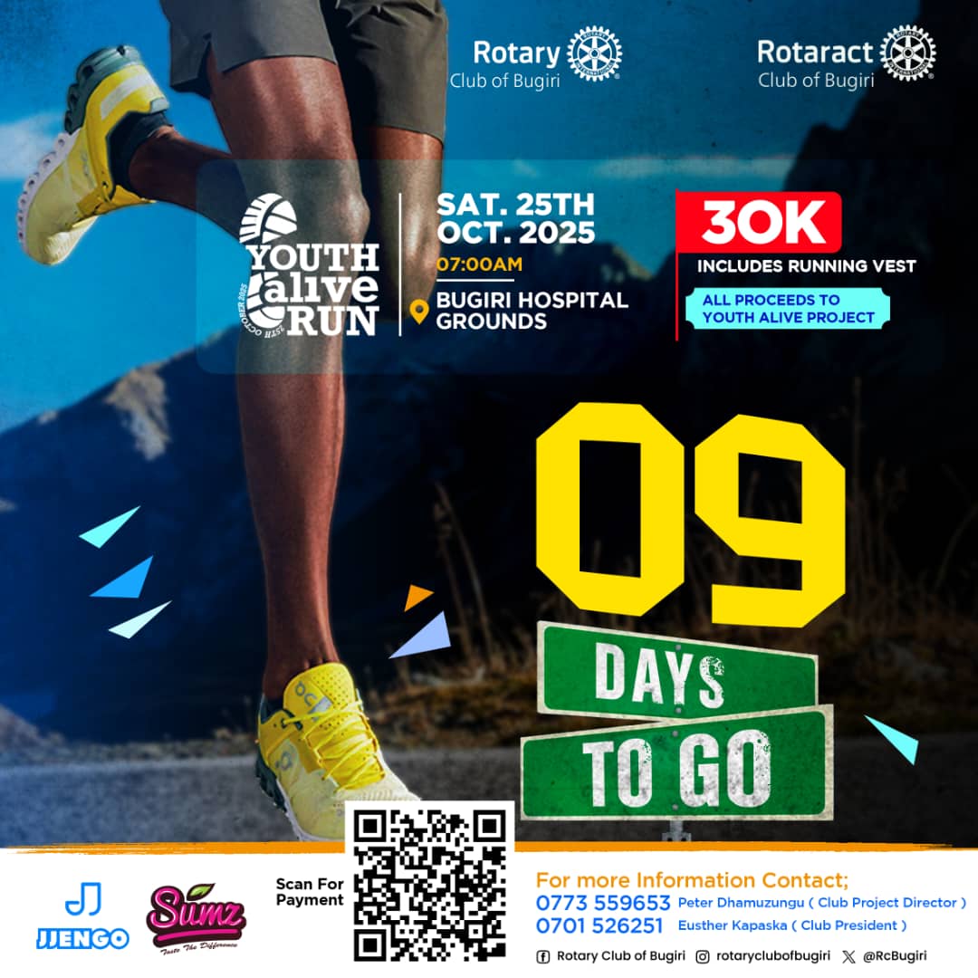 #9DaysToGo!

Join the Youth Alive Run at only 30K UGX, get a vest, and help build a skilling centre for young mothers, vulnerable youth, and people with disabilities in Bugiri. 

Register Today: tujaguze.com/e/events/youth…

#RcBugiriYouthAliveRun25
#RotaryEyamba
