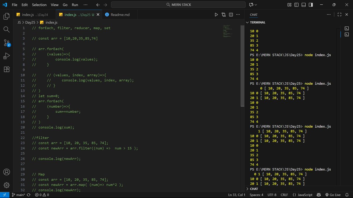 AayushChau75035's tweet image. Day 27 of MERN Stack Journey🍂✅
📚Topics covered:
🔹forEach loop
🔹filter, map, reduce methods of array
🔹Data Structures: set() &amp; Map()
🔹Advanced operations on these Data Structures
thanks @rohit_negi9 bhai 🚀for this in-depth knowledge about JS
#JavaScript #MERN #coderarmy