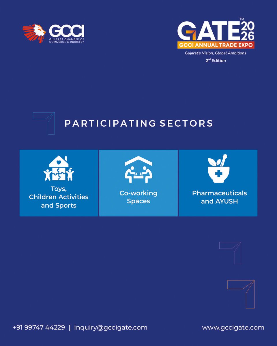 gccigate's tweet image. GATE 2026 is the premier platform for businesses to showcase innovation across diverse sectors. 
📅 16-18 April 2026
📍 Helipad Exhibition Centre, Gandhinagar
Visit and register: gccigate.com
Bookings are now open!
Inquiries: +91-99747 44229 | inquiry@gccigate.com