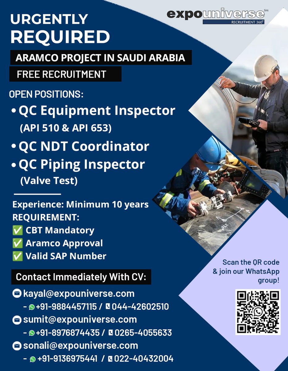 expouniversejob's tweet photo. Attention #jobseekers our clients are #nowhiring, for the fastest way to upload your #CV use the link https://t.co/7o8PAsbCcp
#AramcoJobs #SaudiArabiaJobs #FreeRecruitment #Expouniverse #OilAndGasJobs #QCEngineer #NDTJobs #PipingInspector #API510 #API653 #AramcoApproved https://t.co/utpciFFR5n