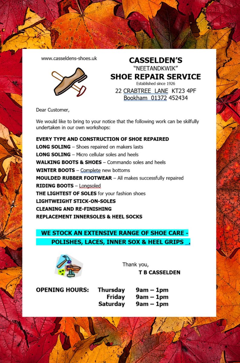 Now the weather is turning 🍁 it's time to check your soles for holes 👣👞👢👠

#shoerepairs #indepentantbusiness #bookhamvillage @casseldens_shoes <a href="/BookhamVillage/">@BookhamVillage</a>