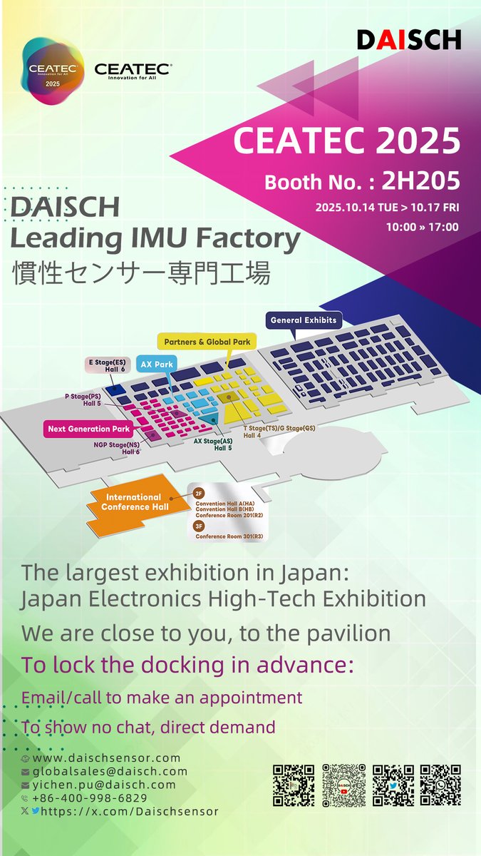 DaischSensor's tweet image. DAISCH is proud to be part of #CEATEC2025 in Tokyo! Join us as we showcase our latest innovations and cutting-edge technologies of IMU sensors for Robotics and Self Driving. Come visit our booth: 2H205 daischsensor.com #Innovation #Technology #IMU #Robotics #selfdriving