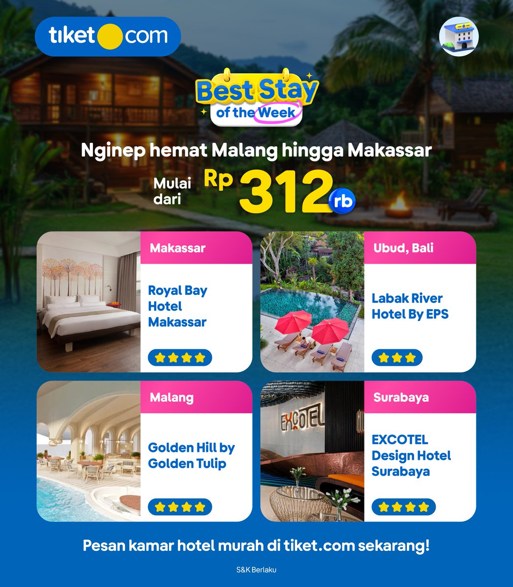 tiket's tweet photo. HARGA SPESIAL BUAT NGINEP DI DESTINASI HITS INDONESIA!
Trip bareng bestie ke Bogor sampai Ubud makin murah, LIKE & BOOKMARK promo hotelnya! πππ
https://t.co/KVuZAnjWpi
Pesan kamar hotel murah di https://t.co/AT2gGfP6wA sekarang!
#SemuaAdatiketnya #PromoLiburan https://t.co/2pjaVycsAT