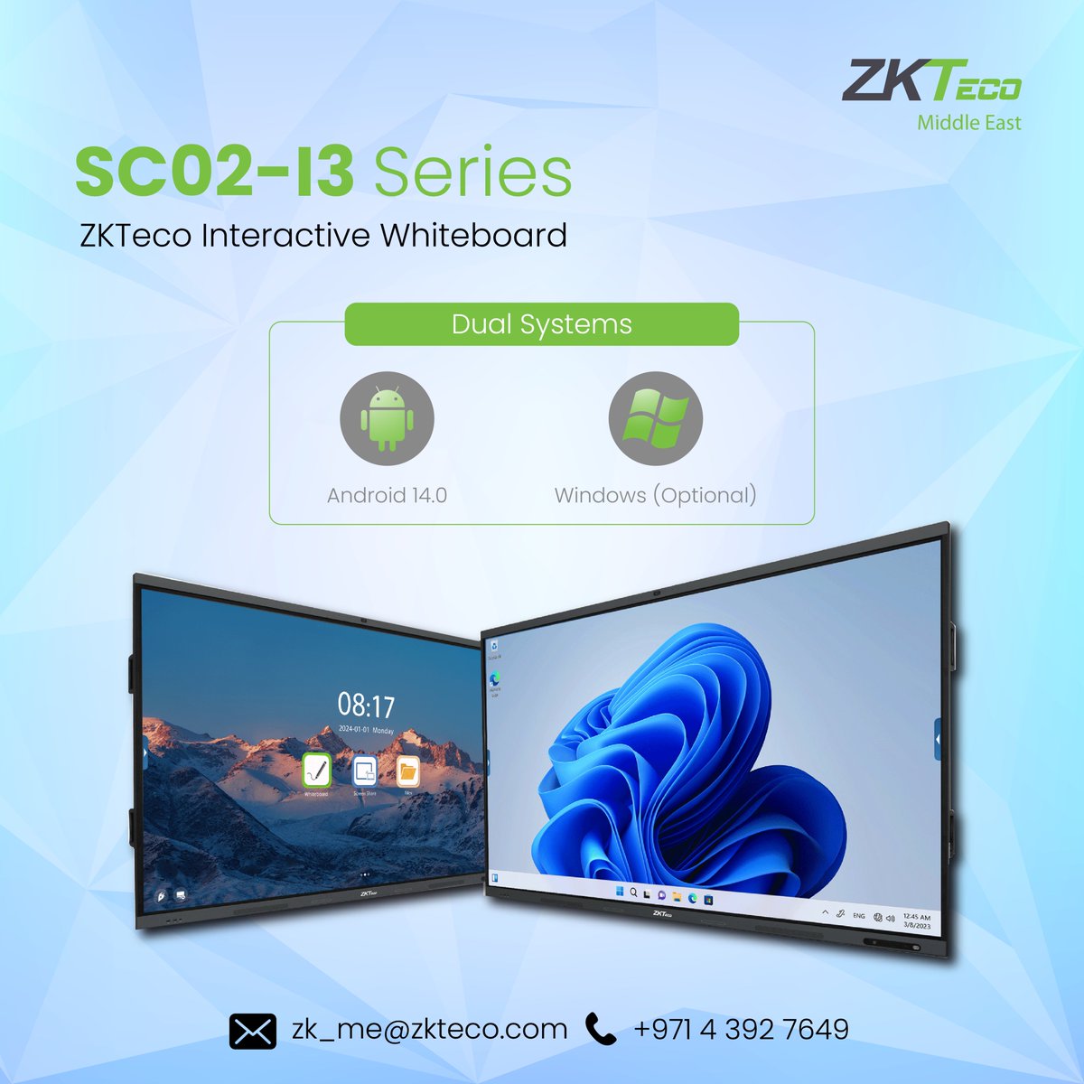 ZKTecoME's tweet image. 💡 SC02-I3 Series Interactive Whiteboard

⚙️ Built-in Android 14.0
💻 Add optional OPS (16GB+512GB) for Windows support

Learn more: zkteco.me/product-detail…

#InteractiveWhiteboard #EdTech #DualSystem #SC02I3 #ZKTeco #ZKTecoProduct #zktecomiddleeast