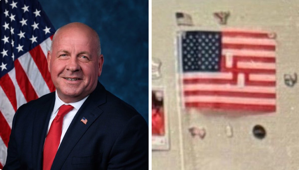 SpencerHakimian's tweet photo. A swastika-altered American flag found inside the office of Ohio Congressman Dave Taylor has prompted a Capitol Police investigation. https://t.co/xod8HFy1qO