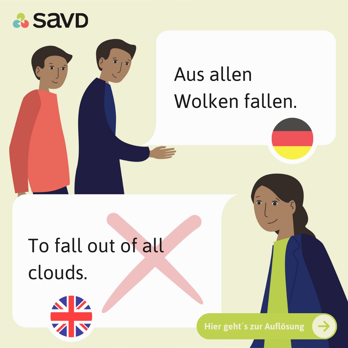 Videodolmetsch's tweet image. 📣 Denglish Donnerstag 📣
❌ Wörtlich: „To fall out of all clouds.“ 🌥️ – klingt eher nach Meteorologie!
✅ Richtig: „To be taken by surprise.“
Wortwörtlich übersetzen sorgt oft für Lacher – im Englischen macht es einfach keinen Sinn! 😅🤓

#DenglishDonnerstag #Redewendung